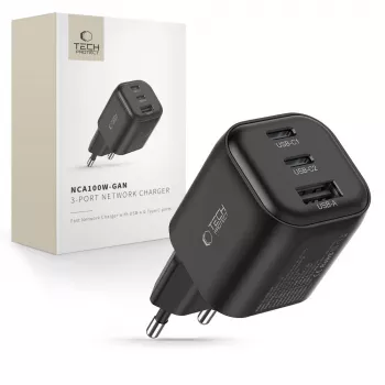 TECH-PROTECT NCA100W-GaN fonte de alimentação GaN de 3 portas 100W PD 3.2 / QC3.0 preta