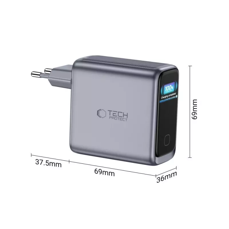 TECH-PROTECT POWERVISION NC140W-GaN carregador de 4 portas PD 140W / QC3.0 cinzento-escuro