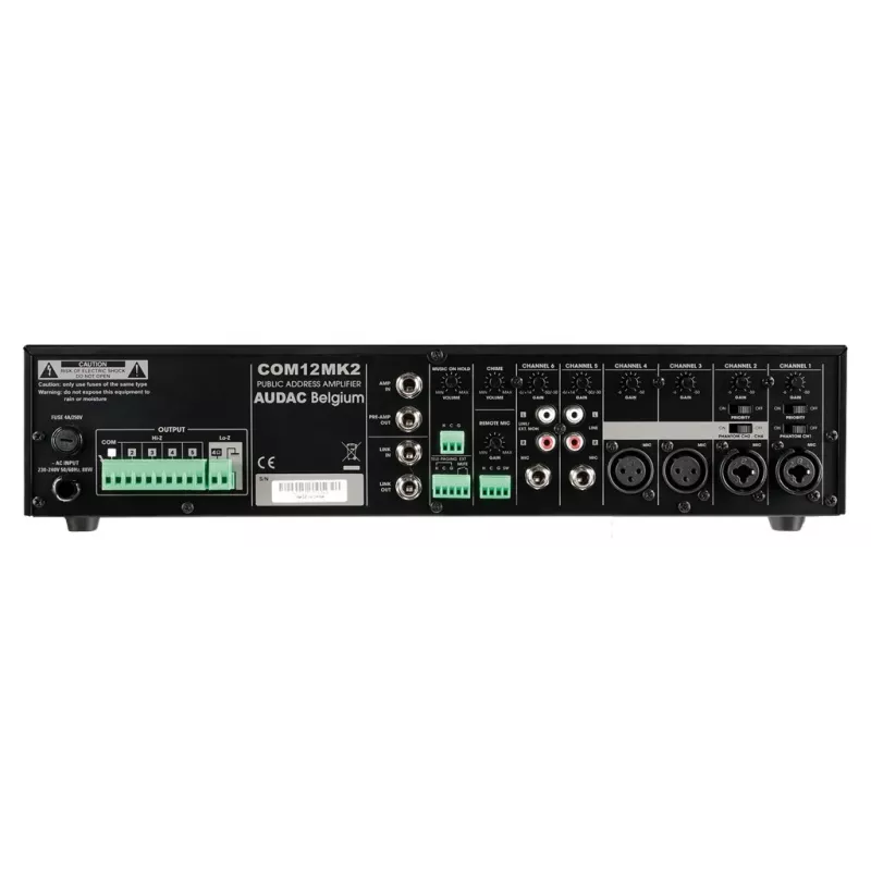 Amplificador misto PA AUDAC COM12MK2 120W com saídas 100V/70V/4Ω, 2 entradas mic/3 line, prioridade e alimentação phantom, montagem em rack 2U, preto