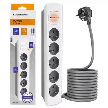 Qoltec Régua de tomadas 5 tomadas com interruptor, cabo de 1,8 m, branco-cinzento