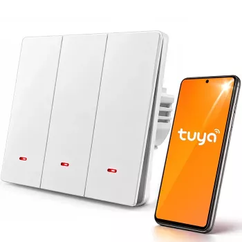 Qoltec Interruptor de luz Smart Wi-Fi de 3 canais com temporizador, Tuya & Smart Life, branco