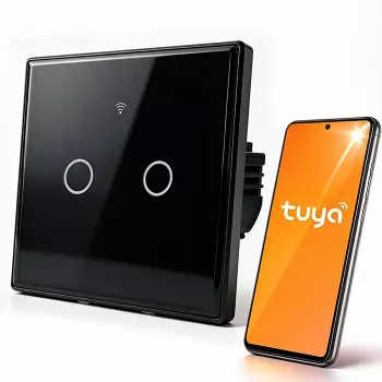 Qoltec 52712 Interruptor de luz WLAN tátil Smart de 2 canais, vidro temperado, preto