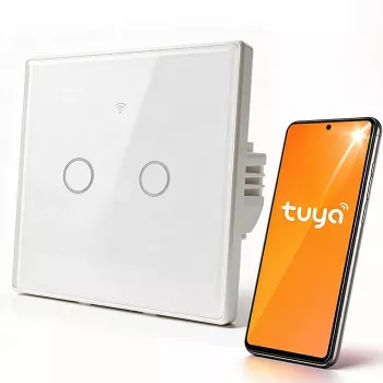 Qoltec Interruptor de luz tátil Smart de 2 canais Wi-Fi Tuya Smart Life vidro temperado branco