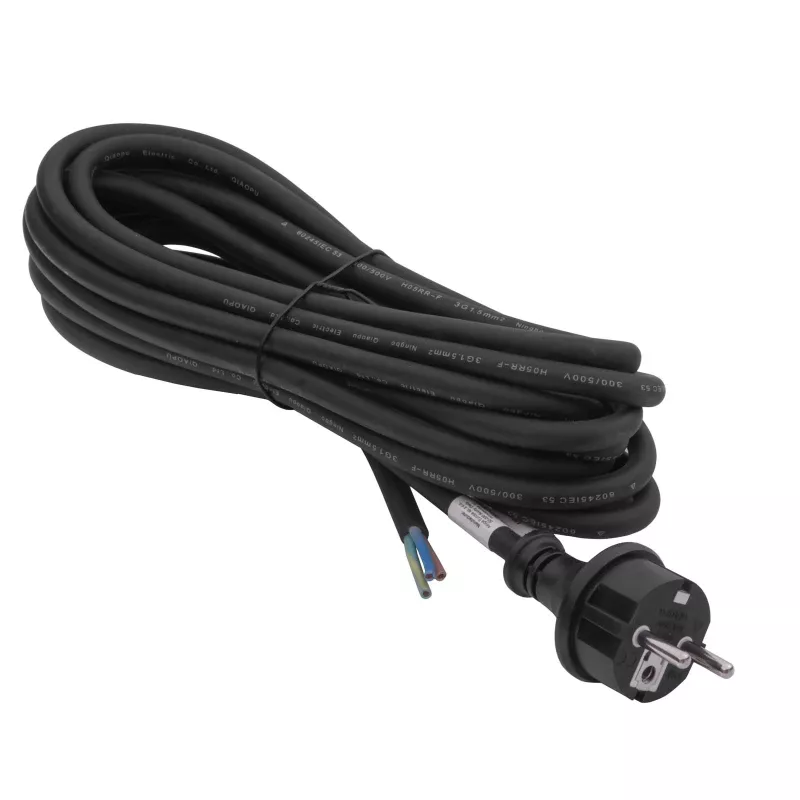Akyga AK-OT-04S Cabo de alimentação em borracha H05RR-F 3 x 1,5 mm², ficha CEE-7/7 para extremidade aberta, 5 m, preto