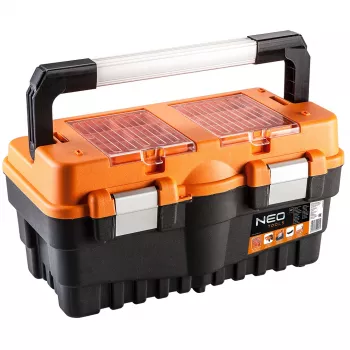 Caixa de ferramentas NEO TOOLS 18 TOP-84-102 | organizador com braço, 2 bandejas e fechos metálicos