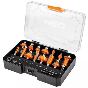 Conjunto de 15 fresas de metal duro NEO TOOLS com haste de 8 mm em maleta de madeira