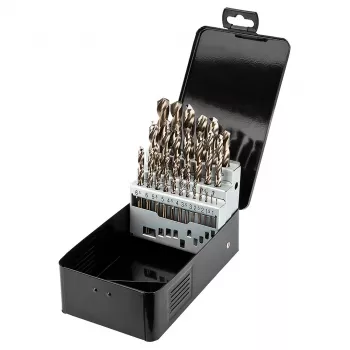 Conjunto de 25 brocas de metal HSS-Co cobalto NEO TOOLS, 1,0–13,0 mm, totalmente retificadas, ângulo de ponta 135°, DIN 338, caixa metálica