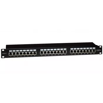 Patch panel STP Cat.6 de 19 polegadas com 24 portas EMITERNET (1U) com guia de gestão de cabos