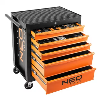 Armário de oficina NEO TOOLS, 5 gavetas + 117 ferramentas, corrediças de esferas, fecho central, carga estática 400 kg, preto