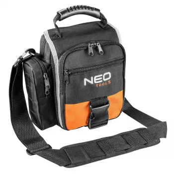 NEO TOOLS 84-315 Bolsa de ferramentas com pega, carga 15 kg, 10 bolsos exteriores, fundo impermeável, preto/laranja