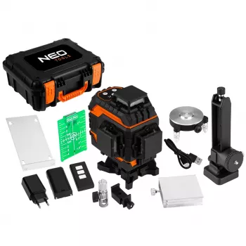 NEO TOOLS 75-140 Nivelador laser 3D, 12 linhas verdes, 3 x 360°, recarregável, com mala de transporte, placa alvo, fixação magnética, carregador