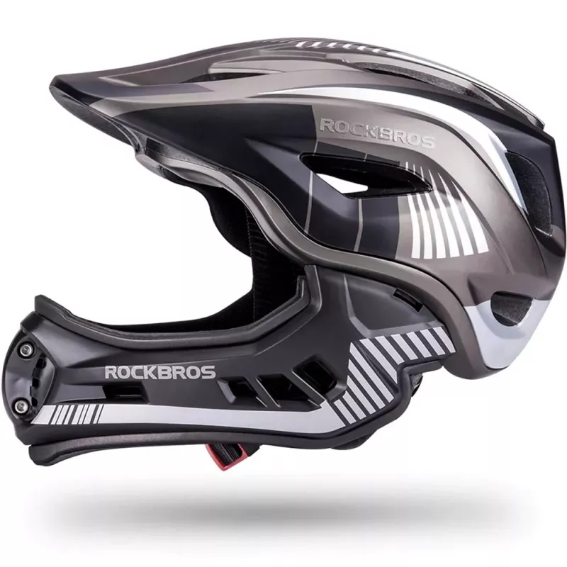 Rockbros TT-32SBTG-S capacete de bicicleta infantil com protetor de queixo amovível, tamanho S, cinzento