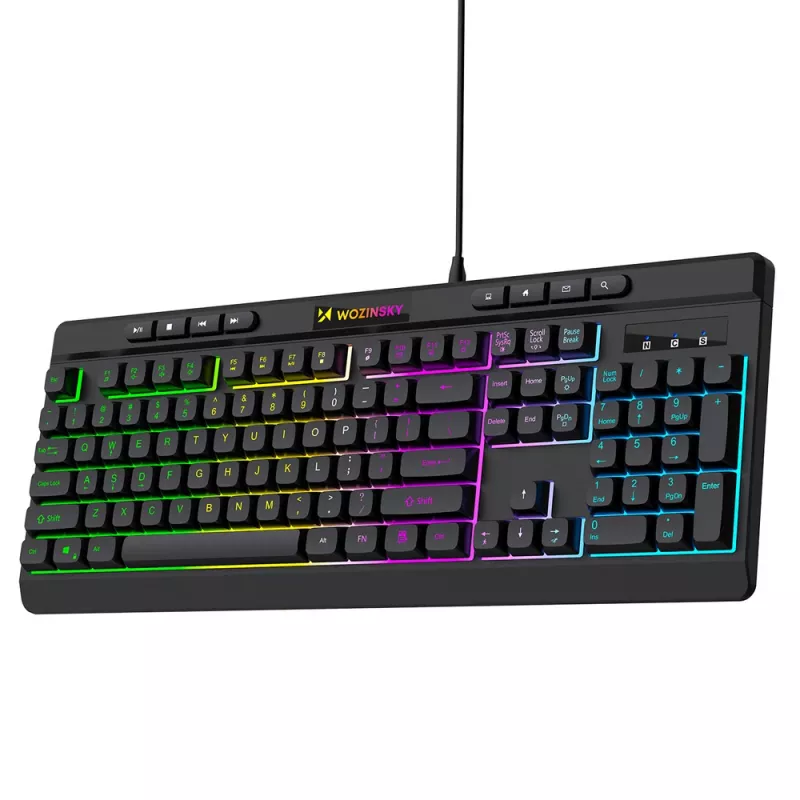 Wozinsky WKG-1044 Teclado gaming com fio, membrana, retroiluminação RGB, preto, formato completo, USB-A, 104 teclas, anti-ghosting