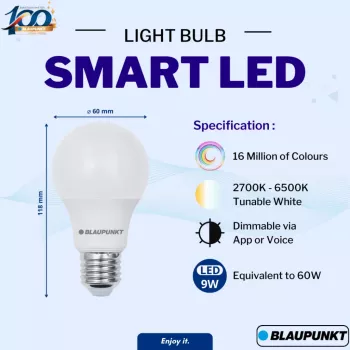 Lâmpada inteligente LED Blaupunkt E27 9W A60 – Tunable White & RGB, Wi-Fi, Alexa/Google Assistant