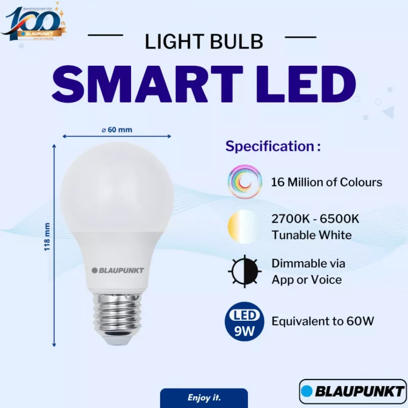Lâmpada inteligente LED Blaupunkt E27 9W A60 – Tunable White & RGB, Wi-Fi, Alexa/Google Assistant