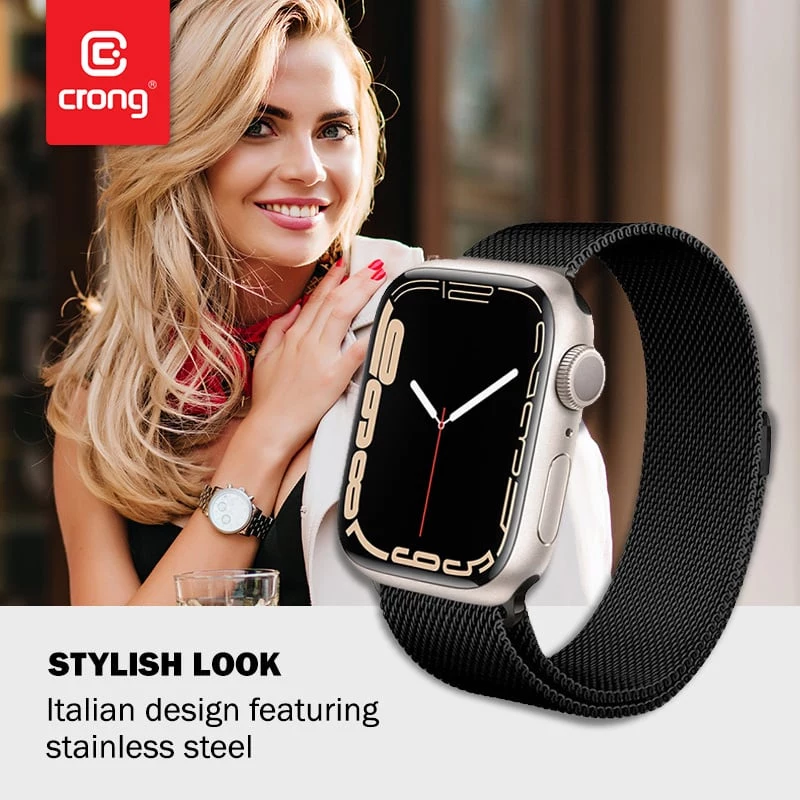 Crong Milano Steel - Bracelete de aço inoxidável para Apple Watch 44/45/46/49 mm (preto)