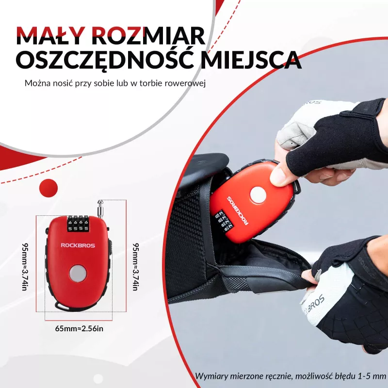 Cadeado de cabo retrátil Rockbros 32420981001 vermelho - fechadura de combinação de 3 dígitos, 90 cm de aço entrançado