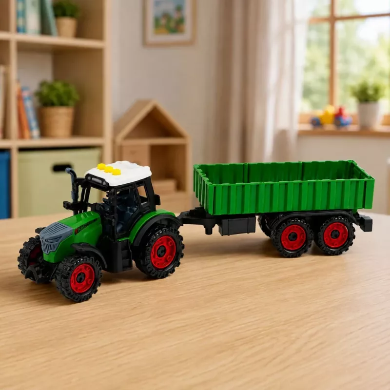 Trator com atrelado agrícola LEAN TOYS, propulsão por fricção, luz e som, 35 cm