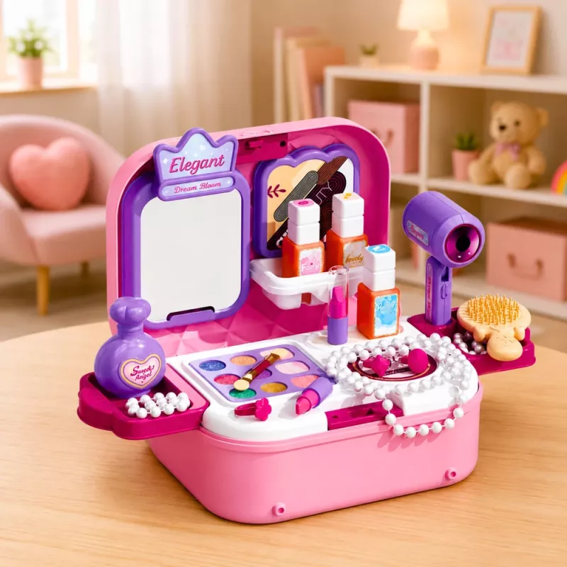 Conjunto de beleza portátil 2 em 1 LEAN TOYS com estojo, espelho, cosméticos e acessórios, rosa