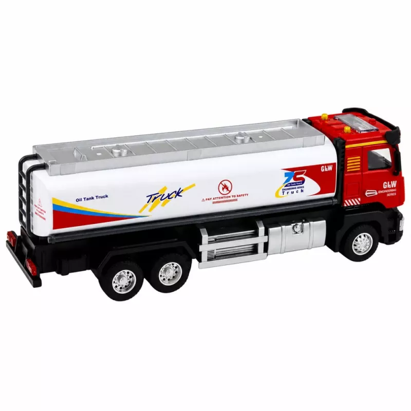 Camião cisterna de metal LEAN TOYS com propulsão, luzes e sons vermelho e branco 1:40