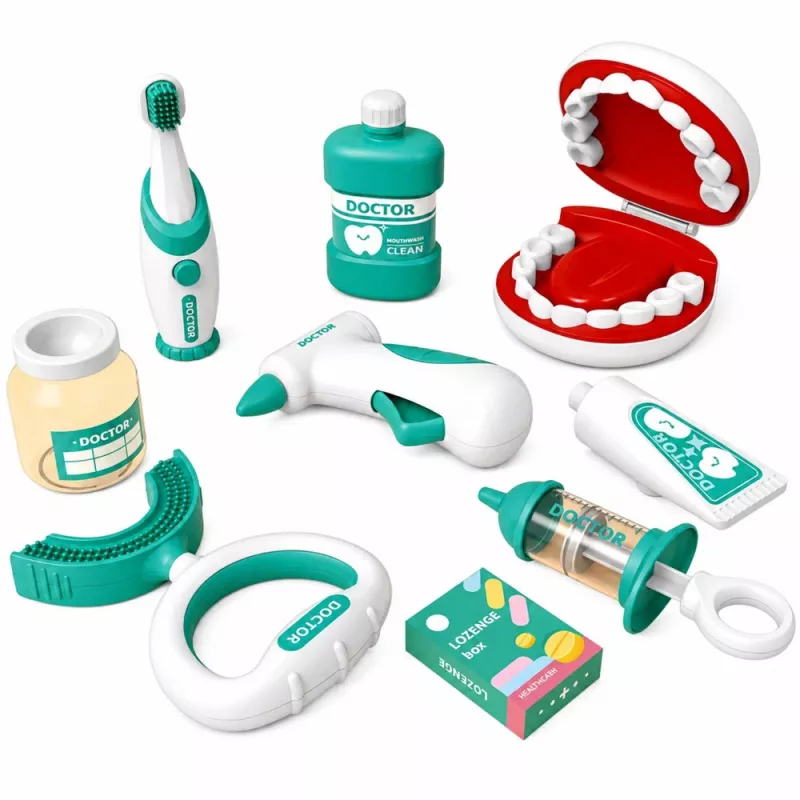 LEAN TOYS Pequeno conjunto de dentista com escova de dentes vibratória, azul, 15 peças