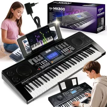 V-TONE MK800 Teclado eletrónico pedagógico portátil, 61 teclas com resposta dinâmica, 300 sons, 300 ritmos, 40 canções de demonstração, ecrã LCD, USB-MIDI, saída para auscultadores, entrada para microfone, entrada para pedal de sustain, 2x5W altifalantes, preto