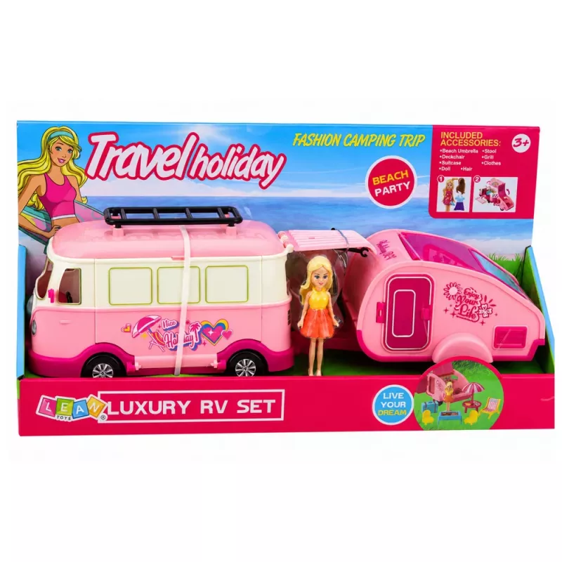 LEAN TOYS conjunto de viagem autocaravana com atrelado mobiliário de bonecas acessórios rosa
