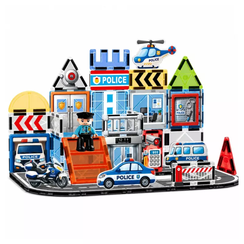 LEAN TOYS blocos magnéticos base de polícia veículos polícia 44 peças