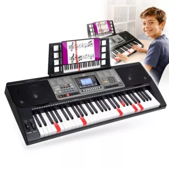 MK 816 Teclado MIDI eletrónico de 61 teclas para ensino com 128 sons, 128 ritmos, gravação, visor LED, USB-MIDI, saída de auscultadores, entrada de microfone, inclui fonte de alimentação