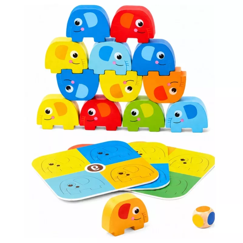 LEAN TOYS torre de elefantes jogo de destreza elefantes em equilíbrio com cartas coloridas 46 peças