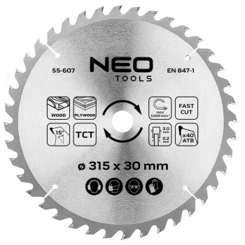 NEO TOOLS lâmina de serra circular TCT 315 mm, 40 dentes, furo 30 mm, corte de madeira