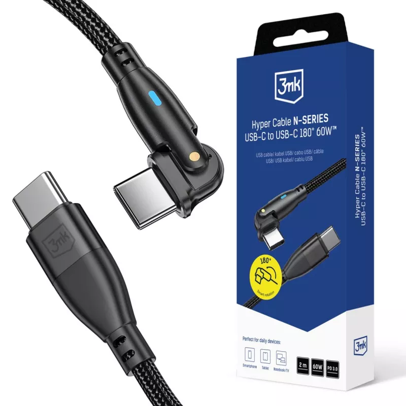 Cabo 3MK Hyper Cable N-SERIES USB-C para USB-C 2m 20V/3A 60W preto - giratório