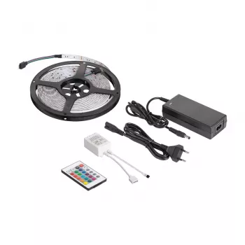 Conjunto de fita LED RGB REBEL LED0175-2 5m com comando IR, 300 LEDs SMD 5050, fonte de alimentação 12V, 16 milhões de cores, regulável, IP20