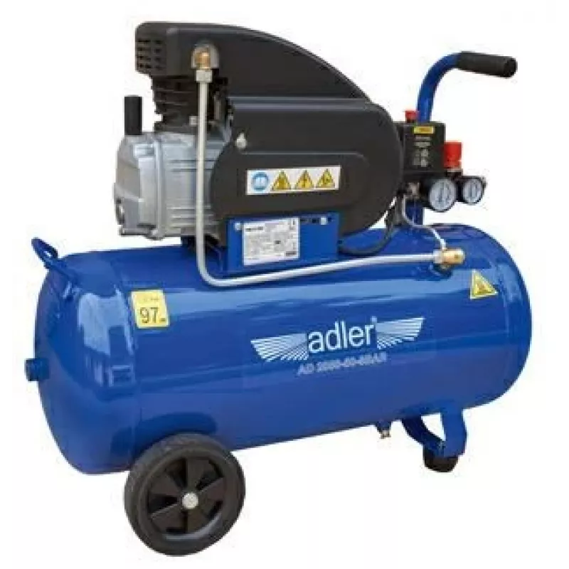 Adler AD 2050-50 Compressor de ar lubrificado a óleo 50L, 8 bar, 230V, 2 CV, caudal aspirado 206 L/min, rodas e pega