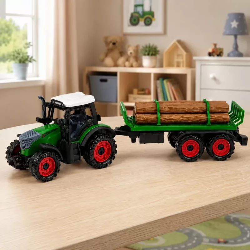 LEAN TOYS trator agrícola com transporte de madeira, motor pull-back, fardos, 35 cm