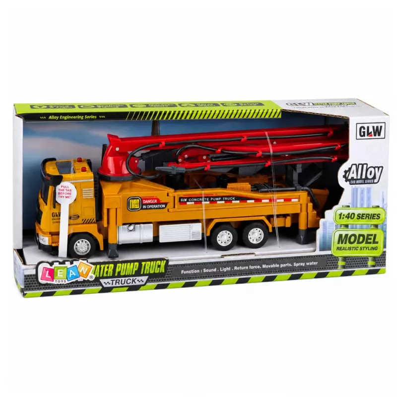 LEAN TOYS camião de bomba de betão RC brinquedo com luzes, sons, jato de água, escala 1:40
