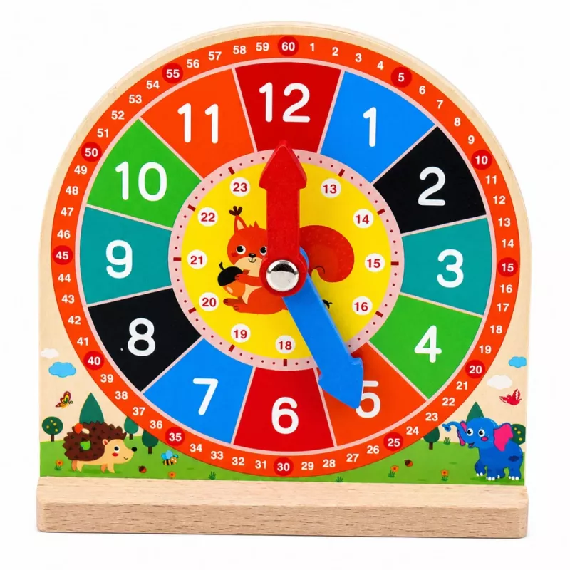 LEAN TOYS relógio de aprendizagem em madeira para aprender as horas com ponteiros móveis e cartões, 55 peças