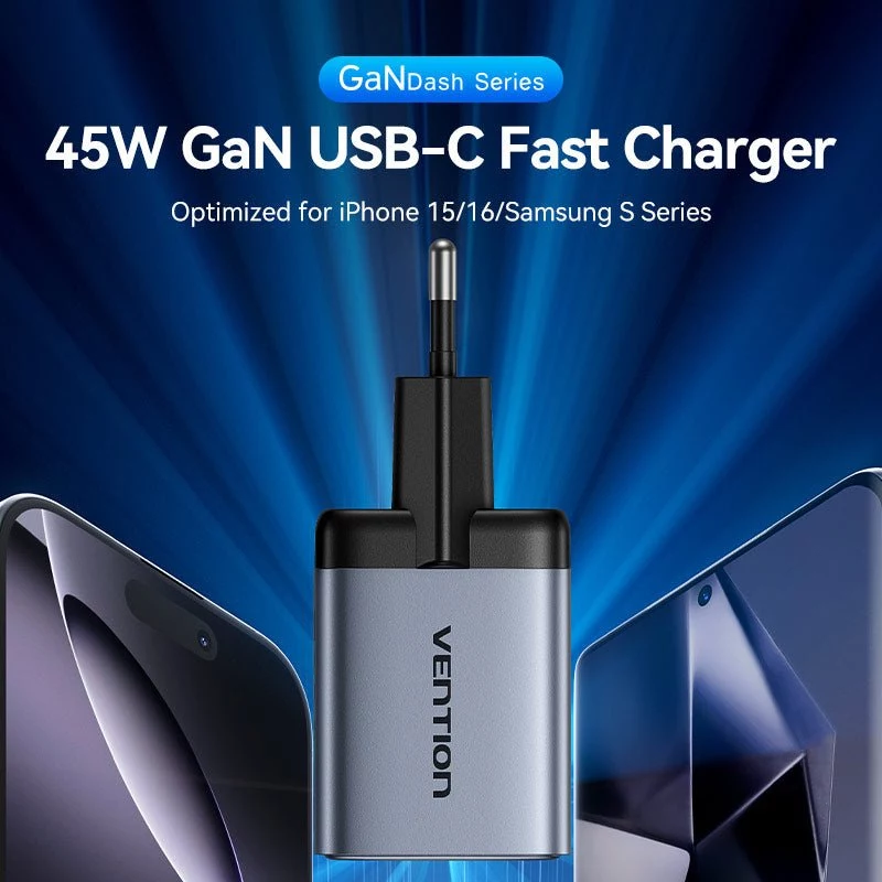 VENTION Carregador de parede GaN 90W Dual-USB-C (45W+45W) - preto