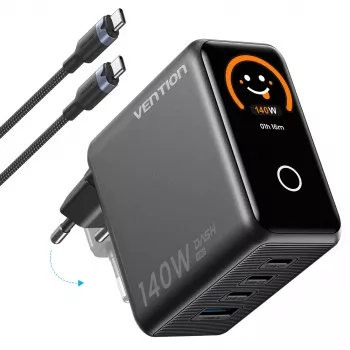 Vention Carregador GaN 140W com 1x USB-A, 3x USB-C e cabo USB-C para USB-C 1m