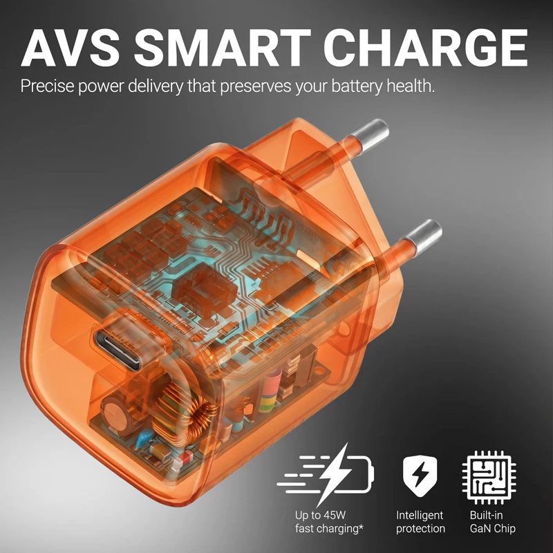 Carregador Crong NEO GaN 40W USB-C PD 3.2 com AVS (laranja)