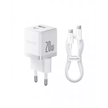 Carregador de parede Baseus Palm 20W, 1x USB-A + 1x USB-C, QC3.0/PD3.0, com cabo USB-C de 1 m, branco (P10111608213-01)