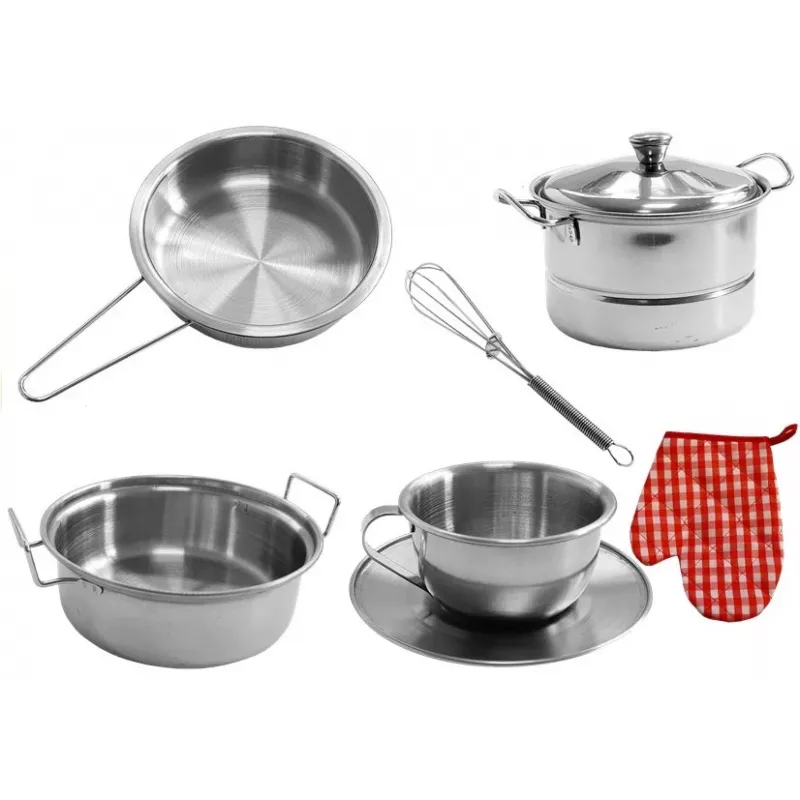 Conjunto de panelas e frigideiras em aço inoxidável LEAN TOYS 6722 para crianças, 23 peças de louça de cozinha de brincar com utensílios e comida de brincar, prateado