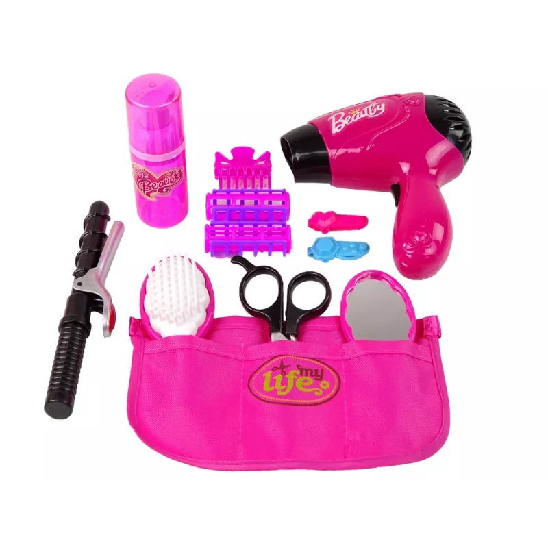 Conjunto de beleza e cabeleireiro LEAN TOYS secador de cabelo e modelador de caracóis rosa, conjunto de 15 peças de faz de conta para crianças a partir dos 3 anos