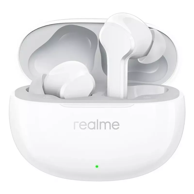 Auscultadores true wireless realme Buds T110 com bateria de 38h, AI ENC, IPX5, Bluetooth 5.4, drivers de graves de 10mm, carregamento rápido USB-C, modo de baixa latência, Smart Touch, branco