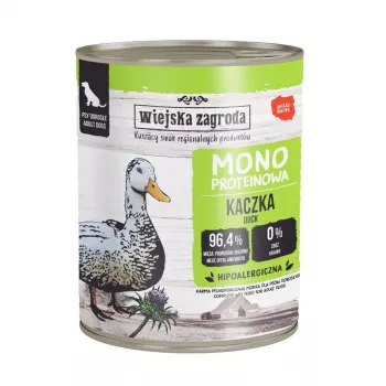 Comida húmida mono pato WIEJSKA ZAGRODA para cães – lata de 800g, sem cereais, com uma única fonte de proteína