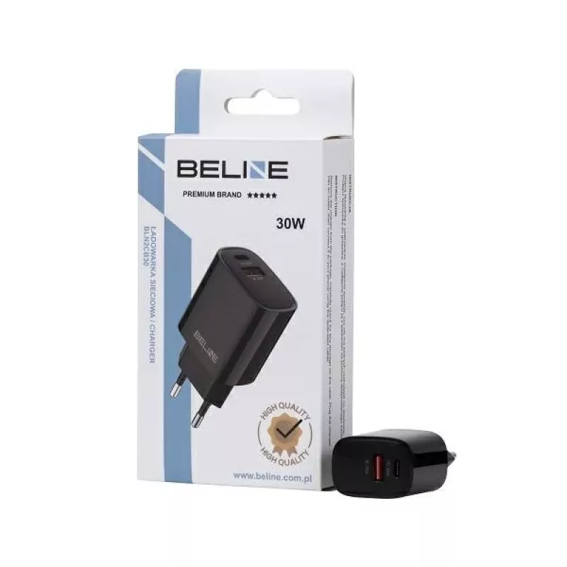 Carregador de parede GaN 30W USB-C PD + USB-A QC Beline preto (apenas carregador)