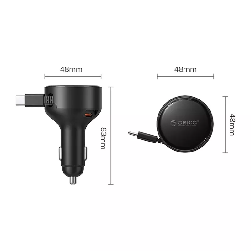 Carregador de automóvel USB-C retrátil ORICO FC-60-2C 60W - Preto