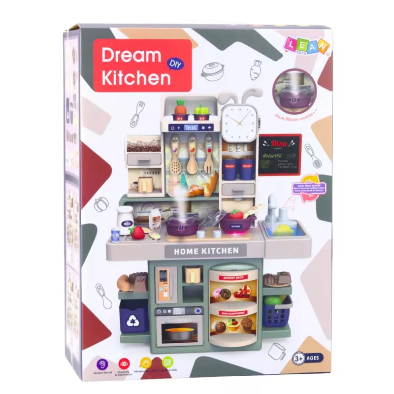 LEAN TOYS cozinha de brincar para crianças com água, vapor, luz e som, 33 acessórios, multicolor