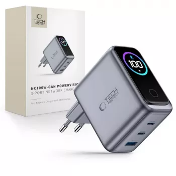 TECH-PROTECT PowerVision NC100W GaN carregador de parede 100 W 3 portas USB-C PD e USB-A QC3.0 - cinzento-escuro