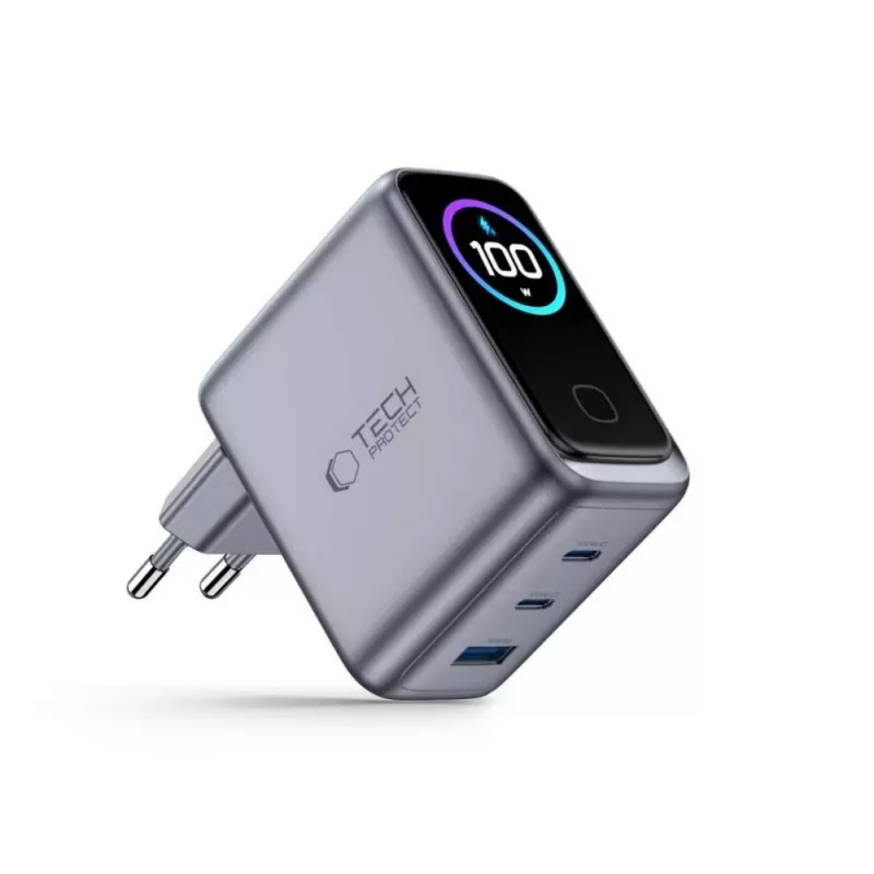 TECH-PROTECT PowerVision NC100W GaN carregador de parede 100 W 3 portas USB-C PD e USB-A QC3.0 - cinzento-escuro